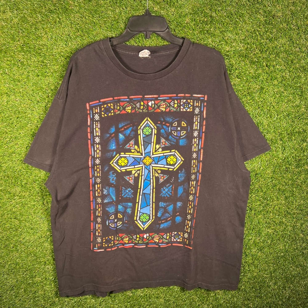 Vintage Delta Proweight Stained Glass Cross Graphic T-Shirt Black 2XL